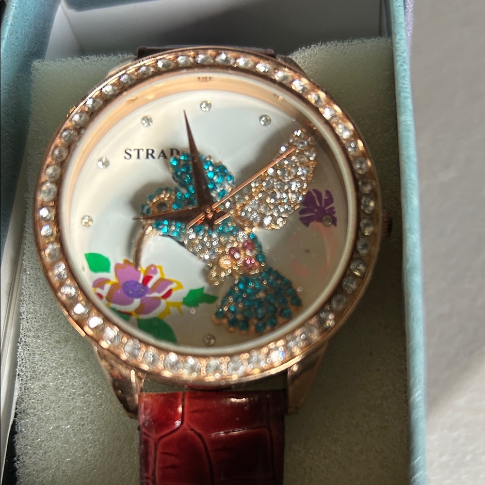 Strada Rose Gold Watch with Colorful Bird Motif red band